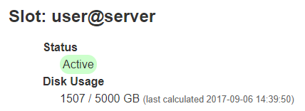 the top section of the summary page, showing the user's username, server, bandwidth and disk usage